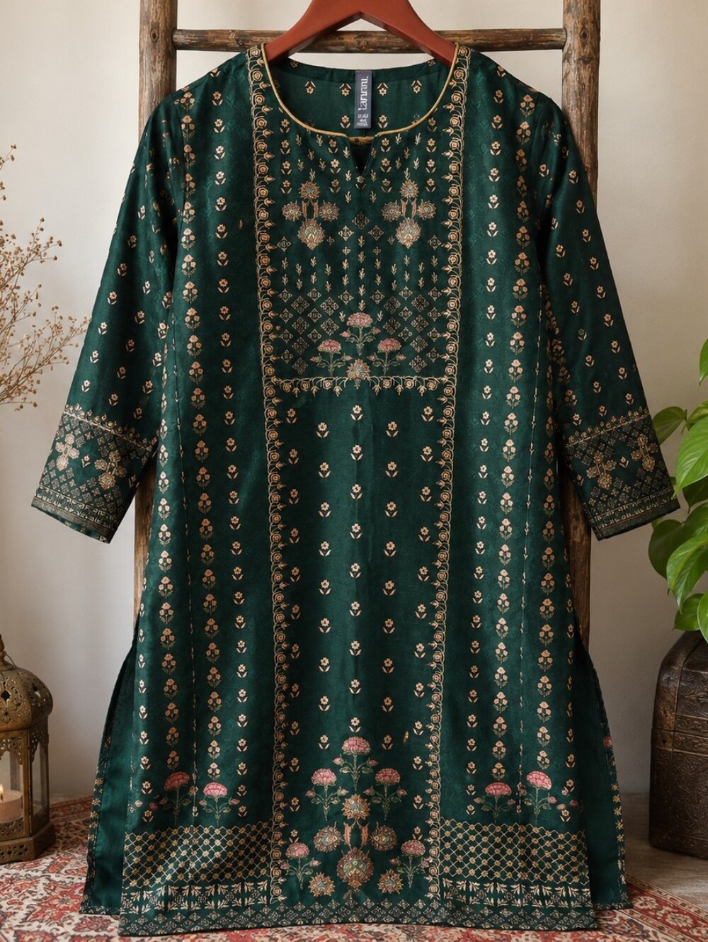 Tarun Tahiliani XL Designer Indian Kurta Tunic Green Gold Luxury